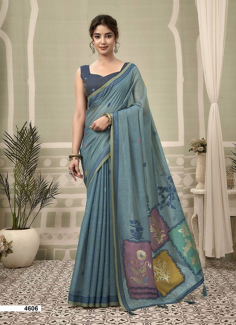 steel blue jamdani cotton blend texture pallu jhallar casual wear saree