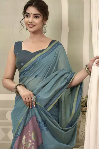 steel blue jamdani cotton blend texture pallu jhallar casual wear saree