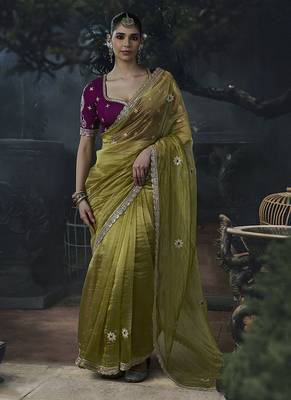 olive organza sequinece work party wear saree 1