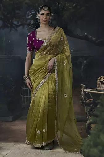 olive organza sequinece work party wear saree