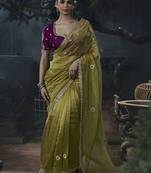 olive organza sequinece work party wear saree
