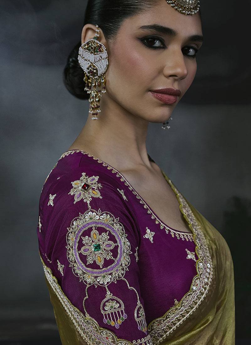 olive organza sequinece work party wear saree