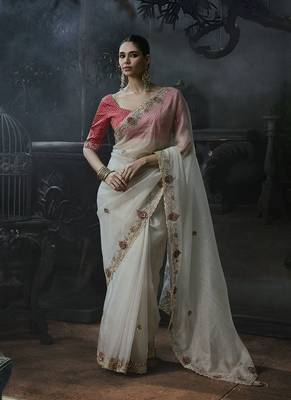 white organza sequinece work party wear saree 1