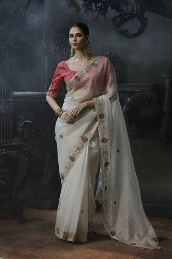 white organza sequinece work party wear saree