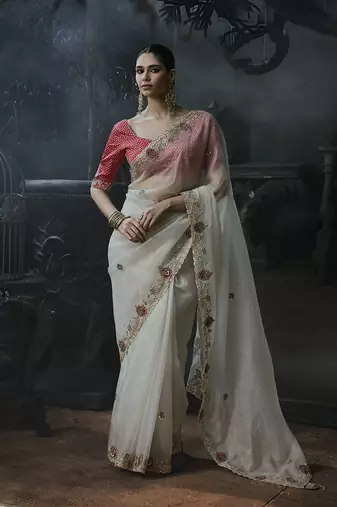 white organza sequinece work party wear saree