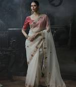 white organza sequinece work party wear saree