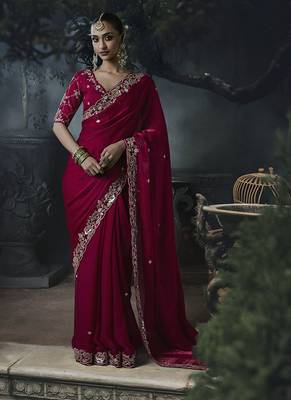 maroon organza sequinece work party wear saree 1