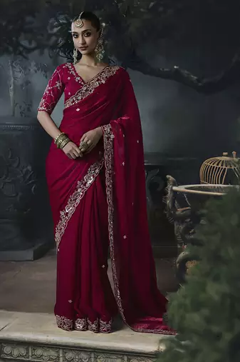 maroon organza sequinece work party wear saree