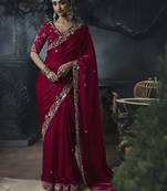 maroon organza sequinece work party wear saree