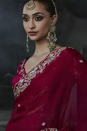 maroon organza sequinece work party wear saree