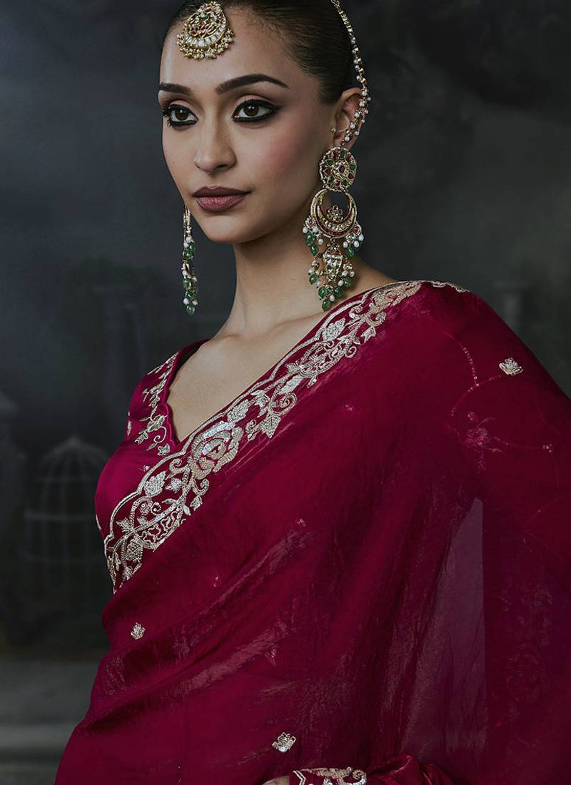 maroon organza sequinece work party wear saree