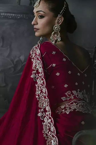 maroon organza sequinece work party wear saree