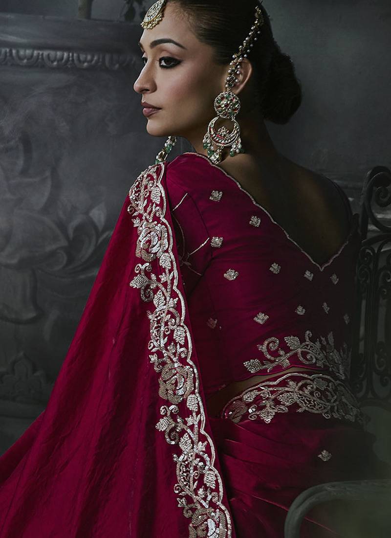 maroon organza sequinece work party wear saree
