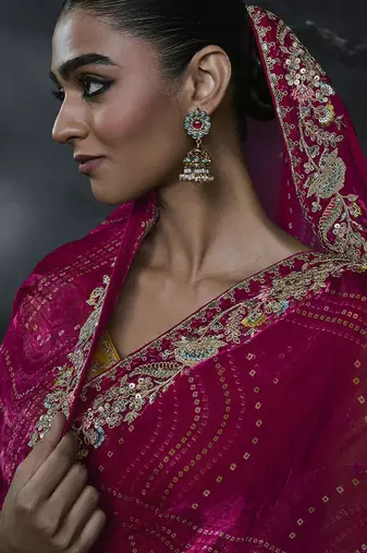 maroon organza sequinece work party wear saree