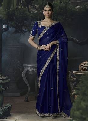 navy blue organza sequinece work party wear saree 1