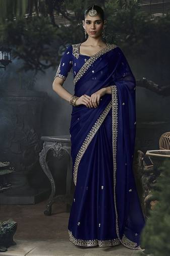 navy blue organza sequinece work party wear saree