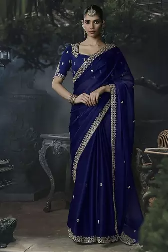 navy blue organza sequinece work party wear saree