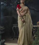 beige organza sequinece work party wear saree