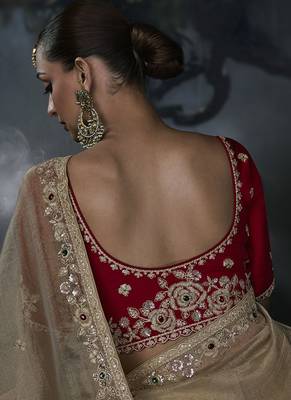 beige organza sequinece work party wear saree 2