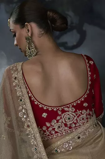 beige organza sequinece work party wear saree