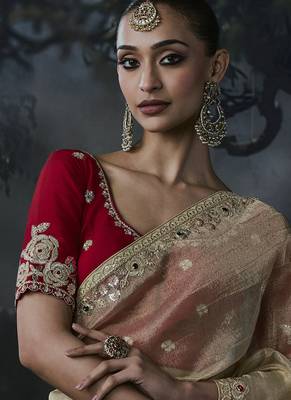 beige organza sequinece work party wear saree 3