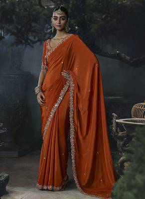 orange organza sequinece work party wear saree 1