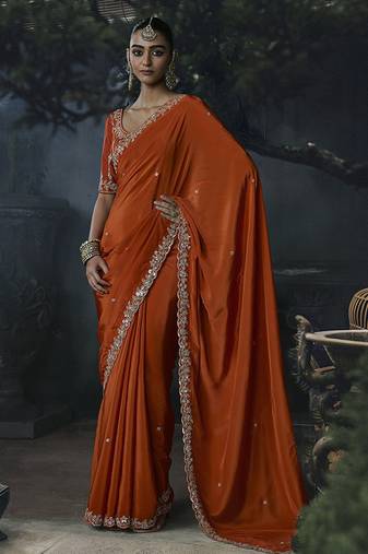 orange organza sequinece work party wear saree