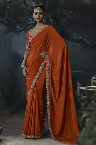orange organza sequinece work party wear saree