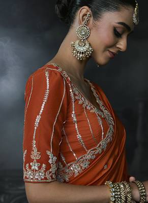 orange organza sequinece work party wear saree 3