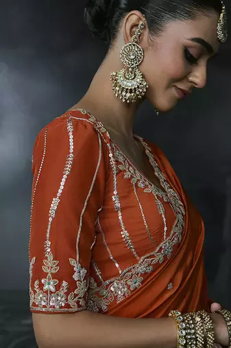 orange organza sequinece work party wear saree