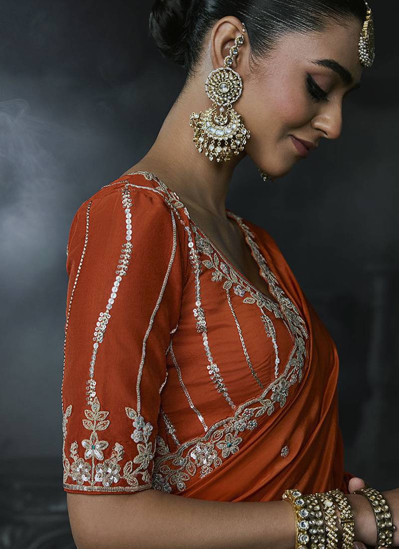 orange organza sequinece work party wear saree
