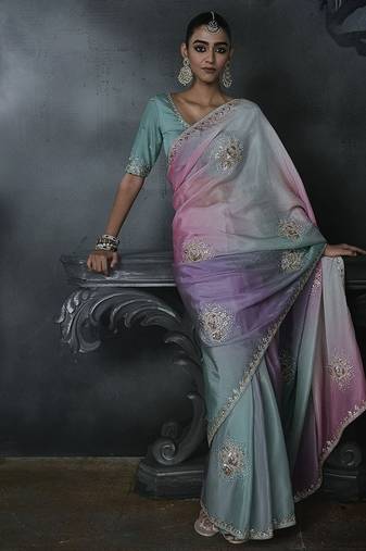 multicolour organza sequinece work party wear saree