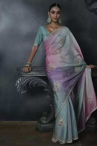 multicolour organza sequinece work party wear saree