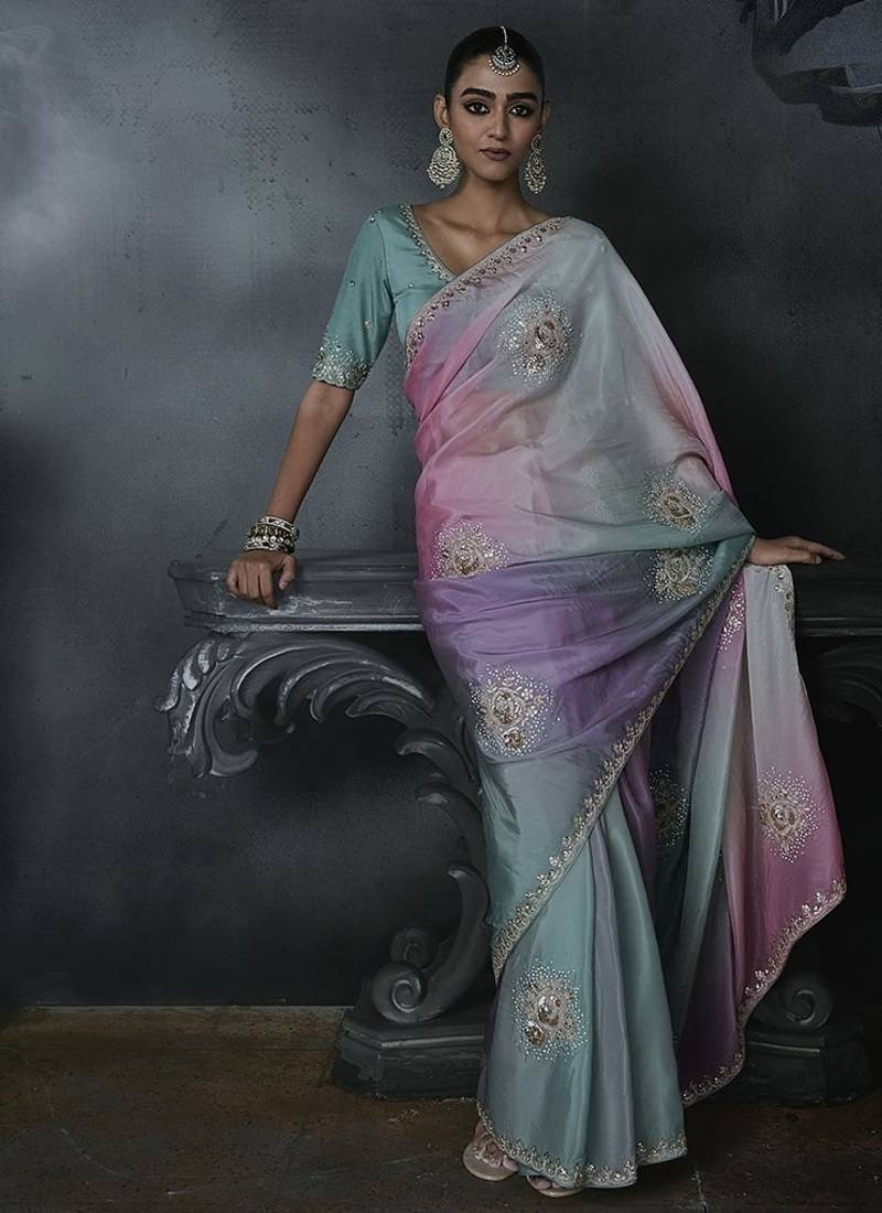 multicolour organza sequinece work party wear saree