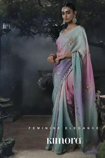 multicolour organza sequinece work party wear saree