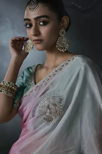 multicolour organza sequinece work party wear saree