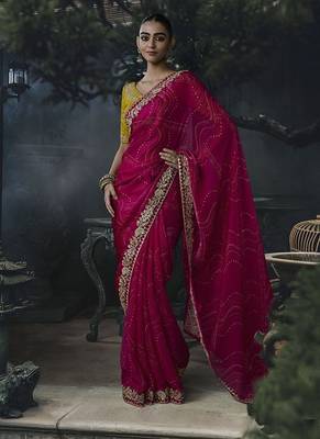 rani pink organza sequinece work party wear saree 1