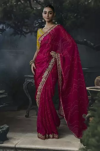 rani pink organza sequinece work party wear saree