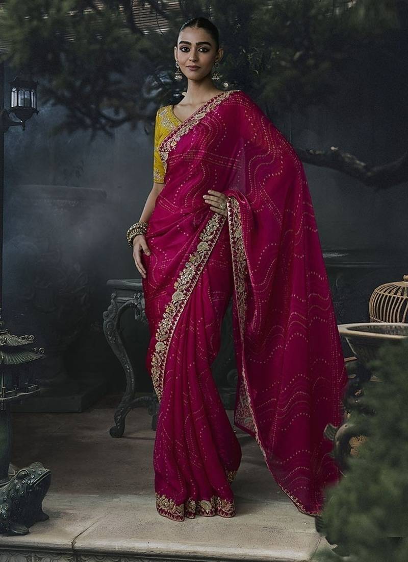 rani pink organza sequinece work party wear saree