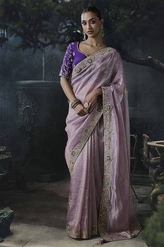 lilac organza sequinece work party wear saree