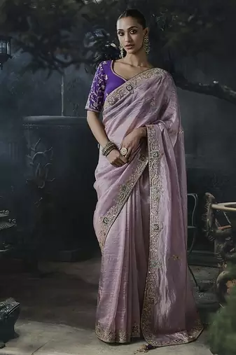 lilac organza sequinece work party wear saree