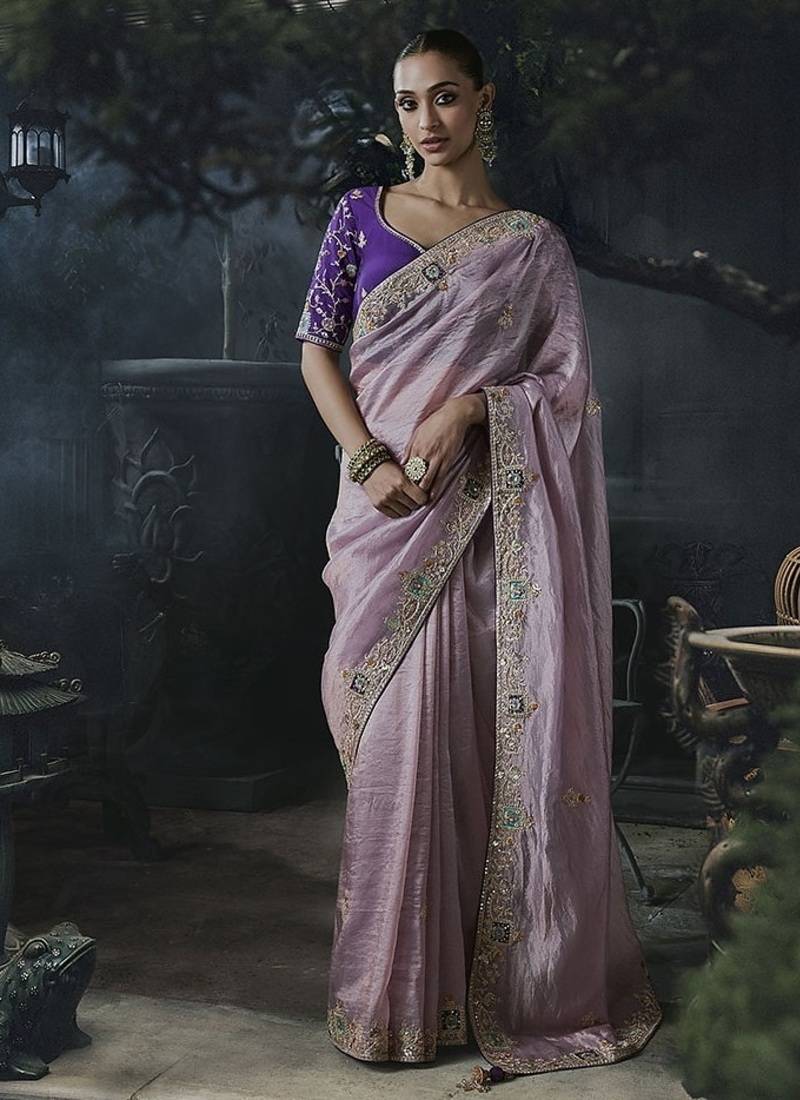 lilac organza sequinece work party wear saree