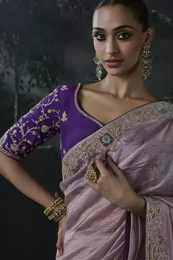 lilac organza sequinece work party wear saree