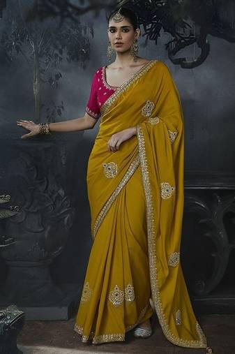 mustard organza sequinece work party wear saree