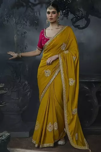 mustard organza sequinece work party wear saree
