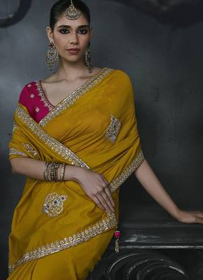 mustard organza sequinece work party wear saree 2