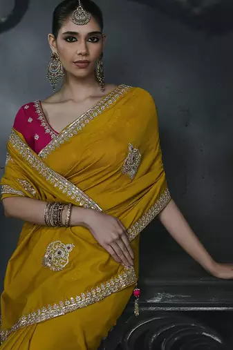 mustard organza sequinece work party wear saree