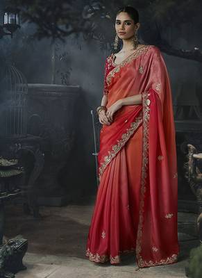 peach orange organza sequinece work party wear saree 1