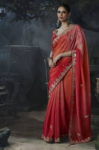 peach orange organza sequinece work party wear saree