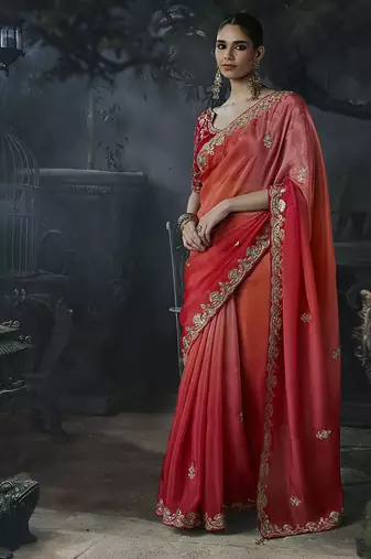 peach orange organza sequinece work party wear saree